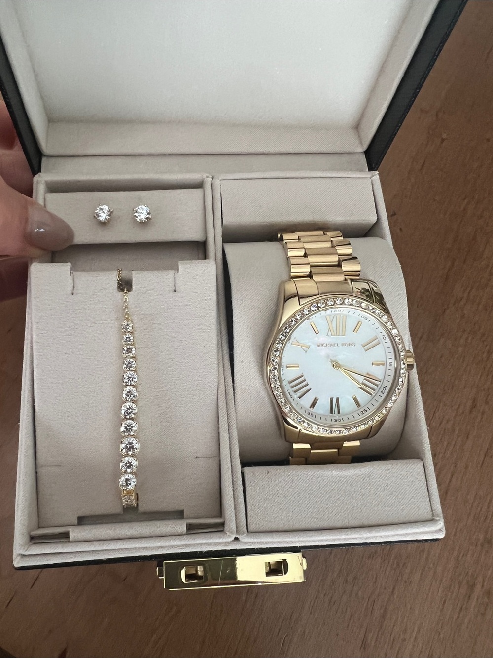 Michael Kors Gold Tone Women's Watch Set with Crystal Bracelet and Studs